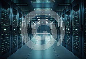Shot of Data Center With Multiple Rows of Fully Operational Server Racks. Modern Telecommunications, Cloud Computing, Artificial