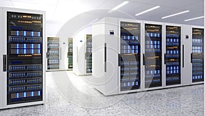Shot of Data Center With Multiple Rows of Fully Operational Server Racks. Modern Telecommunications,Data center cooling,server