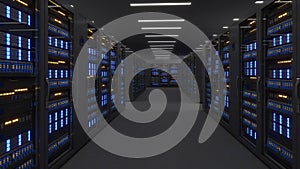 Shot of Data Center With Multiple Rows of Fully Operational Server Racks. Modern Telecommunications,Data center cooling,server