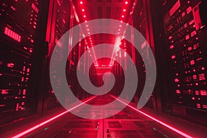 Shot of Data Center With Multiple Rows of Fully Operational Server Racks. Neural network ai generated