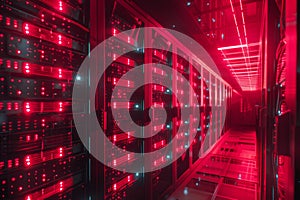 Shot of Data Center With Multiple Rows of Fully Operational Server Racks. Neural network ai generated