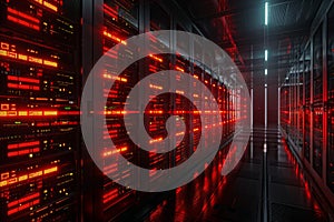 Shot of Data Center With Multiple Rows of Fully Operational Server Racks. Neural network ai generated