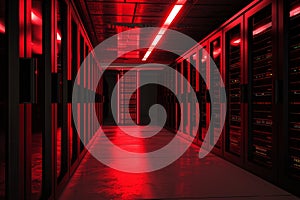 Shot of Data Center With Multiple Rows of Fully Operational Server Racks. Neural network ai generated