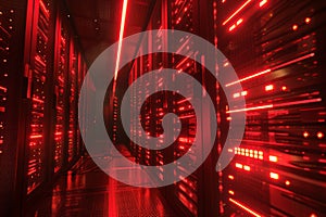 Shot of Data Center With Multiple Rows of Fully Operational Server Racks. Neural network ai generated