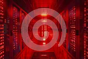 Shot of Data Center With Multiple Rows of Fully Operational Server Racks. Neural network ai generated