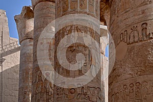 Shot of the detail of the columns with closed papyriform capitals in  Karnak temple, Egypt