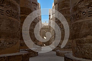 Shot of the detail of the columns with closed papyriform capitals in  Karnak temple, Egypt