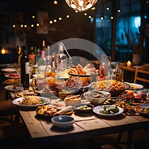 A shot of a dining table that full of eating and drink items,