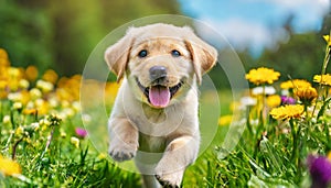 A dog labrador retriever puppy with a happy face runs through the colorful lush spring green grass