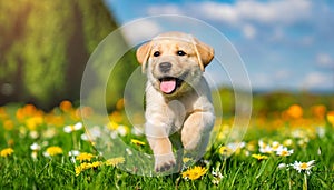 A dog labrador retriever puppy with a happy face runs through the colorful lush spring green grass