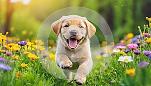 A dog labrador retriever puppy with a happy face runs through the colorful lush spring green grass