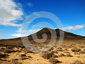 Shot of a dry wasteland and a mountain in the distance in Corralejo Natural Park, Spain