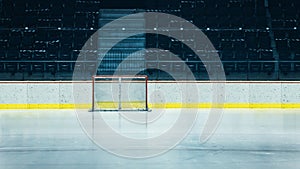 Shot of an Empty Hockey Goal on Professional Ice Hockey Rink Arena with Turned On Lights. Big