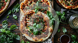 A shot of the finished pizzas laid out on a wooden board surrounded by fresh herbs and es ready to be enjoyed