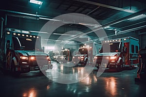 A shot of a fleet of ambulances in a garage or lot, showcasing the size and scope of an emergency medical service company.