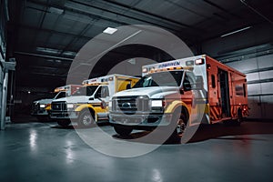 A shot of a fleet of ambulances in a garage or lot, showcasing the size and scope of an emergency medical service company.