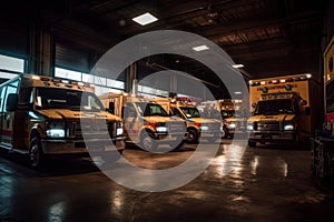 A shot of a fleet of ambulances in a garage or lot, showcasing the size and scope of an emergency medical service company.