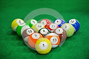 Shot of foot pool balls standing on green table.