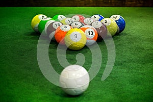 Shot of foot pool balls standing on green table.