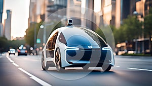 Shot of a futuristic selfdriving car moving on a public way in a modern city