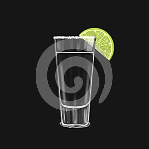 Shot glass of tequila with lime slice and salt isolated glass of drink on dark background, realistic illustration of mexican