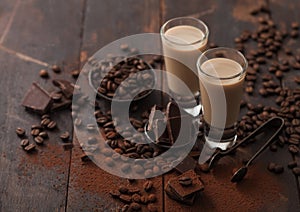 Shot glasses of Irish cream baileys liqueur with coffee beans and powder with dark chocolate on dark wood background. Space for