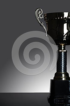 Shot of gold award trophy in gray background