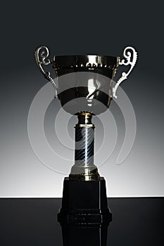 Shot of gold award trophy in gray background