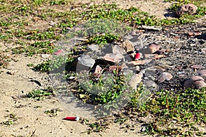 Shot gun shells around a hunting campfire pit