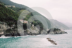 Shot of hilly seashore scenery in Monterosso al Mare, Cinque Terre, Italy