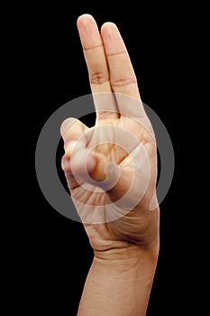 Shot of a human hand showing prana mudra isolated on black background. photo