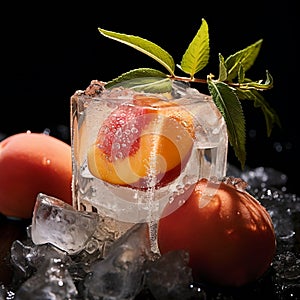 shot of an ice cube and a succulent Peach, showcasing the soft, velvety skin and the refreshing taste by AI generated