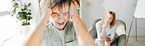 Shot of irritated kid with dyslexia shouting and holding head
