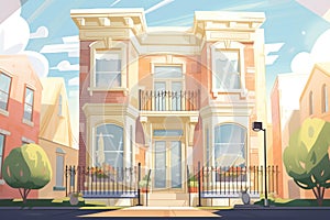shot of an italianate homes tall, rounded windows in full sunlight, magazine style illustration