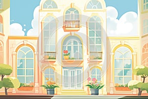 shot of an italianate homes tall, rounded windows in full sunlight, magazine style illustration