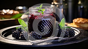 shot of a jar of homemade Blackberry Jam, highlighting the deep purple color by AI generated