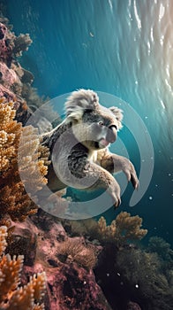 A shot of Koala is diving above a big coral reef serendipity generative AI photo