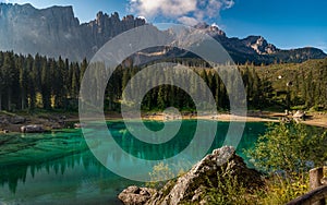 Shot of the lake Carezza (Karersee) in Nova Levante (Welschnofen), South Tyrol, Italy