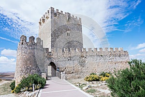 Shot from a low angle of the castle of Tiedra built in the 11th century. Castle visited by el Cid