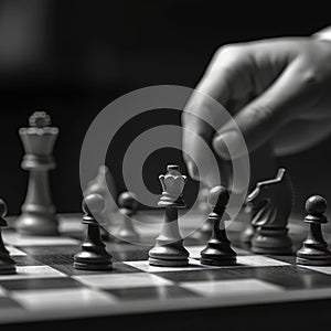 Shot of male hand moving chesspiece on chessboard. Generative AI