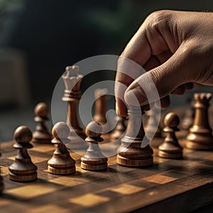 Shot of male hand moving chesspiece on chessboard. Generative AI photo