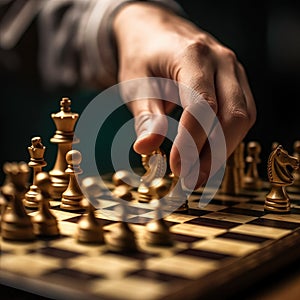 Shot of male hand moving chesspiece on chessboard. Generative AI photo