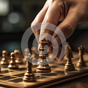Shot of male hand moving chesspiece on chessboard. Generative AI photo