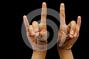 Shot of male hands demonstrating Apana mudra with two hands isolated on a black background. photo