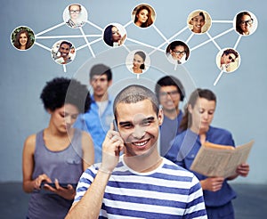 A shot of a man talking on his phone with all of his contacts standing on the background. All screen content is designed