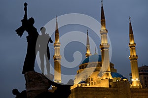 Shot of the  Martyrs' monument in front of the Mohammad Al-Amin Mosque, Beirut, Lebanon