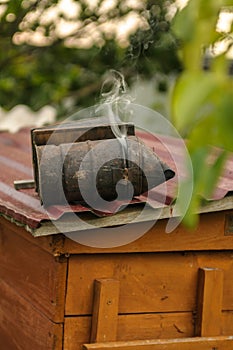 Shot of a metal bee smoker smoking in apiary outdoors on a sunny warm day copyspace nature tool equipment beekeeping .