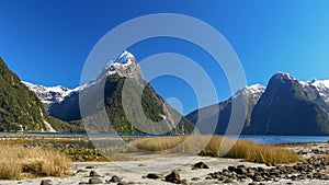 Shot of mitre peak and milford sound in nz