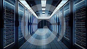 Shot of Modern Data Center With Multiple Rows of Fully Operational Server Racks. Modern High-Tech Telecommunications