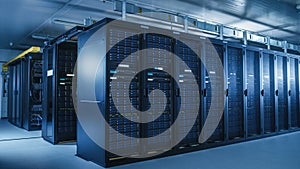 Shot of Modern Data Center With Multiple Rows of Operational Server Racks. Modern High-Tech Databa